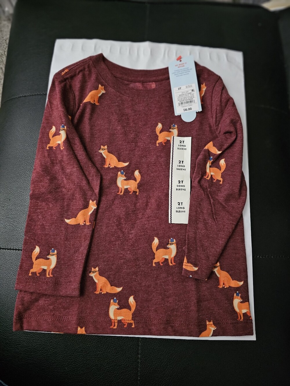 Target Kids Long Sleeve Fox Print Top - Burgundy with Orange Foxes